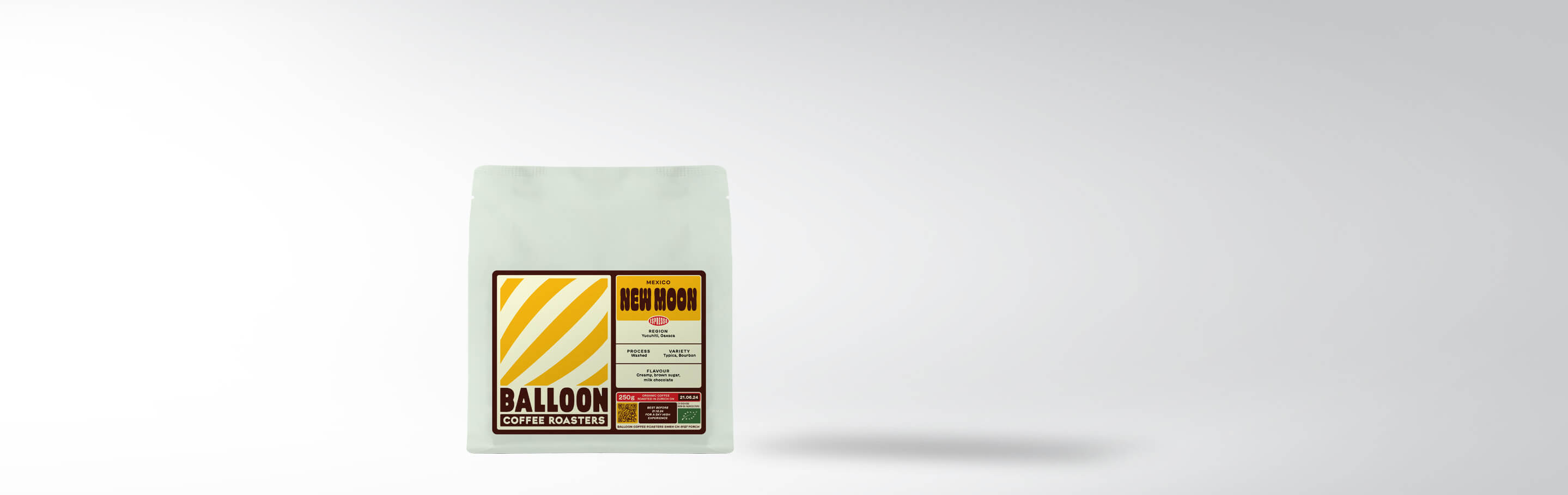 Produktbild von Balloon Coffee Roasters New Moon Kaffee, 250g Packung. Ursprung: Mexiko, Yucuhiti, Oaxaca. Geschmacksrichtung: Dunkle Schokolade, Orange.