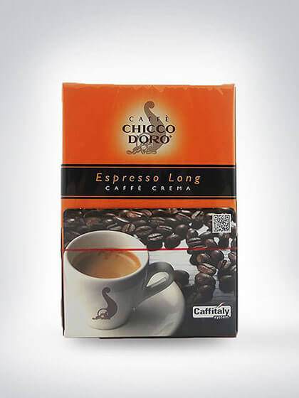 Verpackung von Caffè Chicco d'Oro Espresso Long Caffè Crema mit Kaffeetasse und Bohnenmotiv