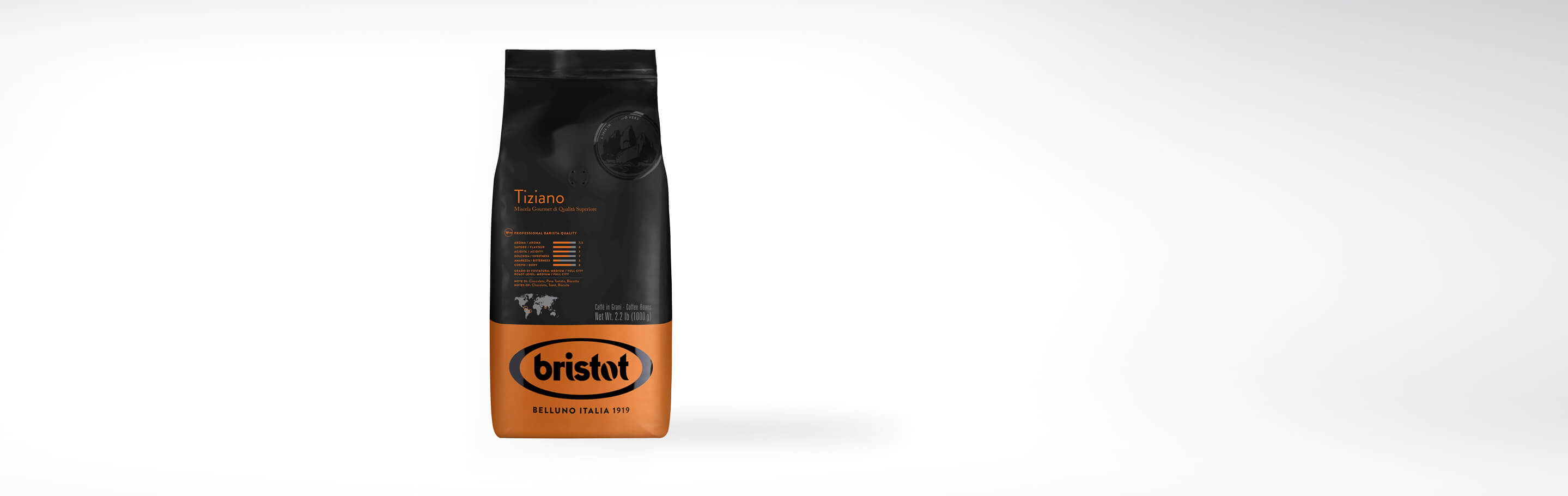 Packung Bristot Tiziano Kaffeebohnen 1000g auf weißem Hintergrund