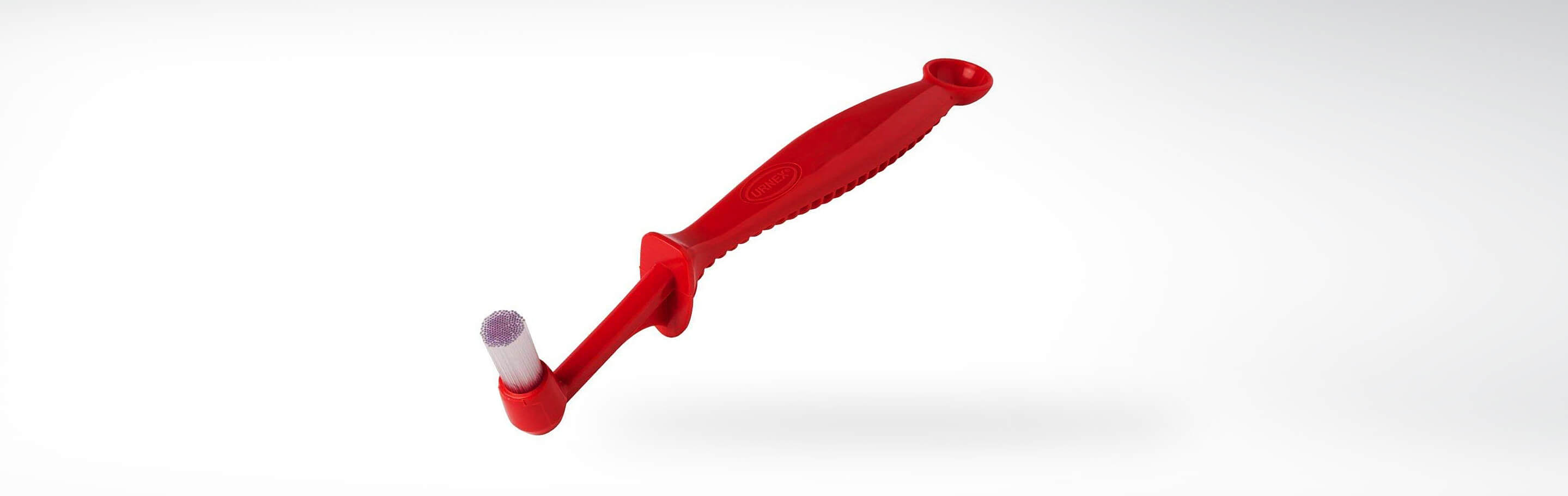 Roter Griff einer Tierpflege-Zahnbürste mit weichen Borsten