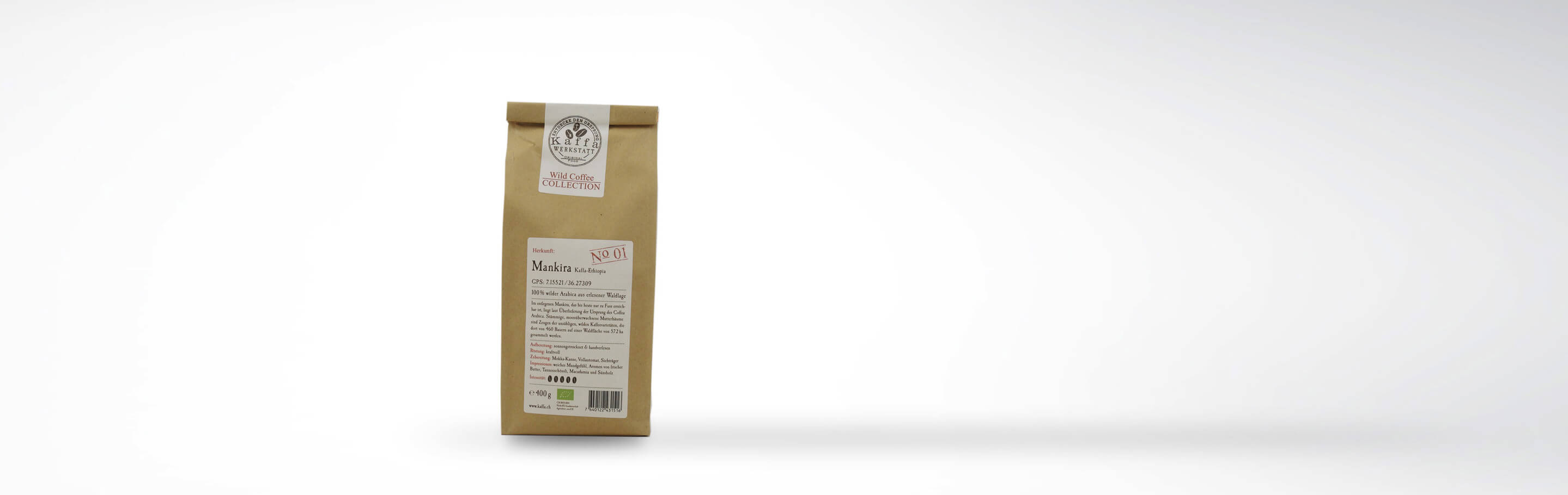 Verpackung von Kaffa Werkstatt Wildkaffee Mankira No. 01 aus Äthiopien, 400 g