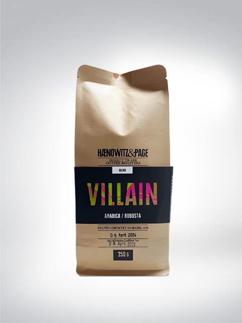 Verpackung des Haenowitz & Page Villain Kaffees, Mischung aus Arabica und Robusta, 250g