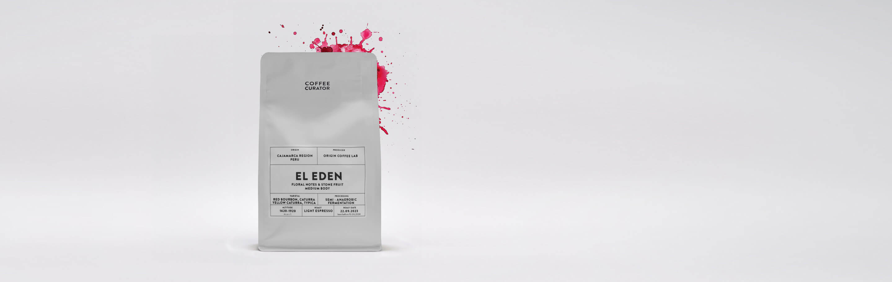Verpackung des El Eden Kaffees von Coffee Curator mit floralen Noten und Steinfrucht, aus der Cajamarca-Region in Peru.