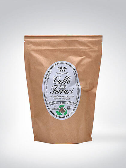 Braune Verpackung mit Caffè Ferrari Crema Caffè Lungo 100% Arabica Bohnen 250 g