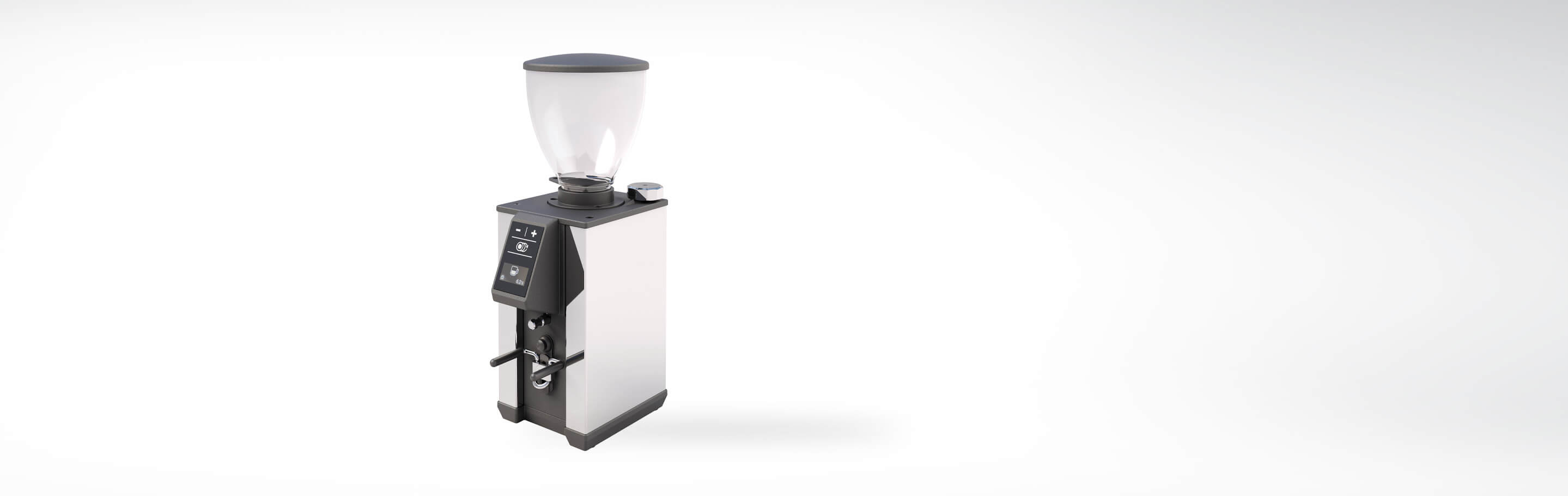 Eine moderne, professionelle Kaffeemühle mit großem transparentem Bohnenbehälter und digitaler Steuerung auf weißem Hintergrund