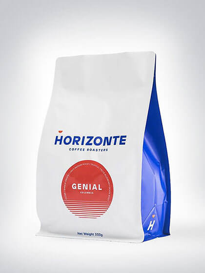 Verpackung des Horizonte Kaffees mit der Aufschrift Genial