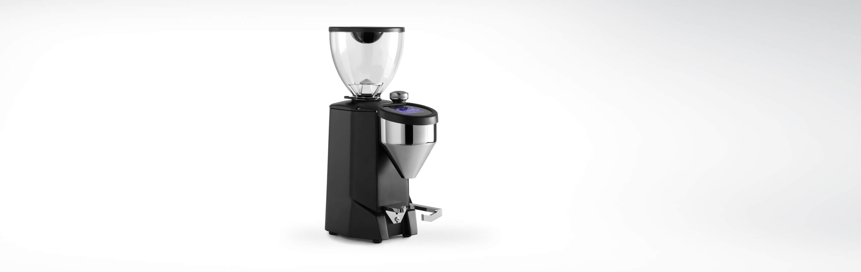 Moderne schwarze elektrische Kaffeemühle mit transparentem Bohnenbehälter und digitalem Display