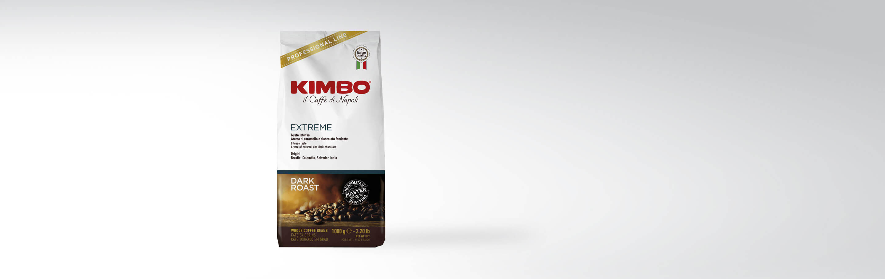 Packung Kimbo Extreme Dark Roast Bohnenkaffee, 1000 g, mit intensiven Aromen von Karamell und dunkler Schokolade, Herkunft Brasilien, Kolumbien, Salvador, Indien