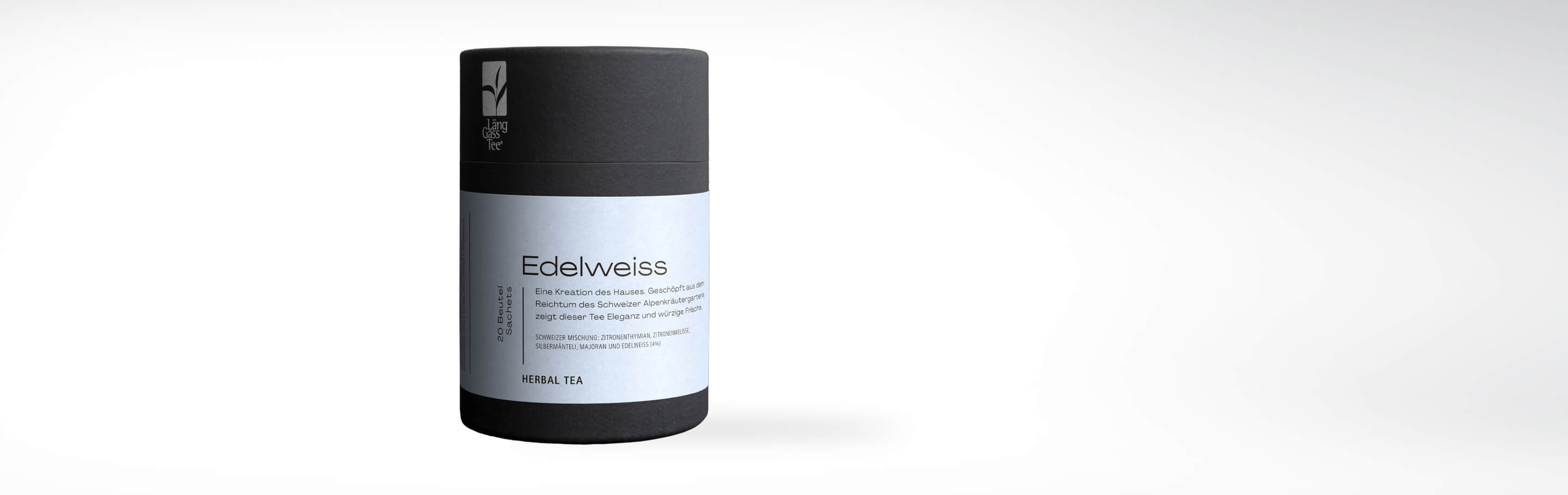 Eine Dose Edelweiss Kräutertee mit Schweizer Mischung, unter anderem Zitronenthymian und Edelweiß, gegen weißen Hintergrund.