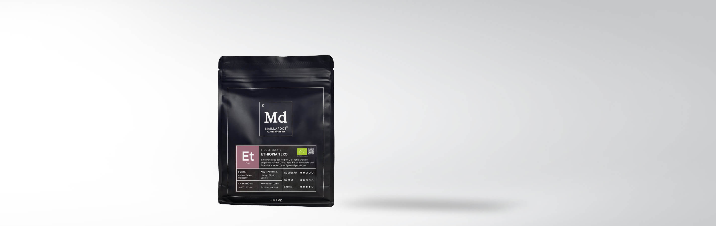 Verpackung von Maillardos Kaffeerösterei Ethiopia Tero Kaffee mit 250g Inhalt, Arabica-Mischung aus der Region Guji, Äthiopien