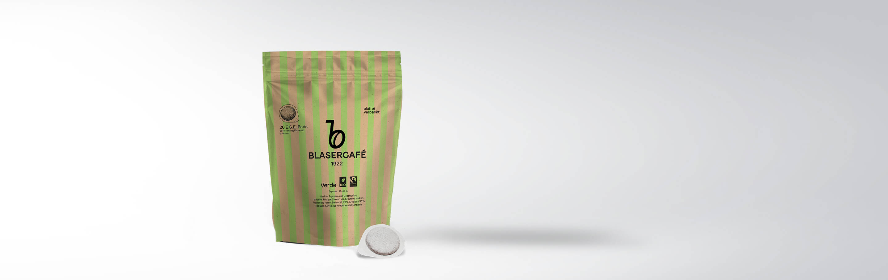 Packung Blasercafé 1922 Verde Bio Kaffeepads mit einer Portion Espresso