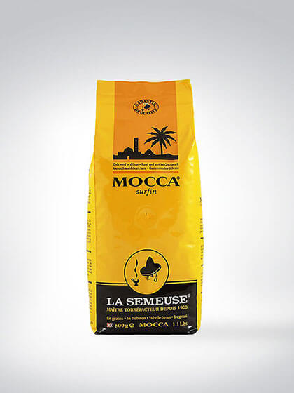 Gelbe Verpackung von La Semeuse Mocca Surfin Kaffee, 500g Beutel