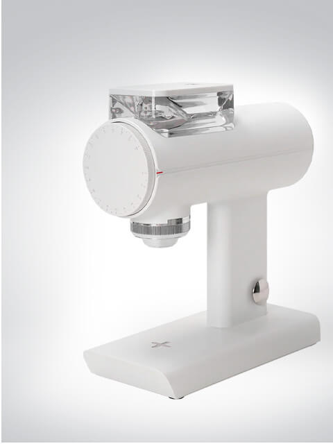 Weiße elektrische Kaffeemühle mit rundem Design und transparentem Bohnenbehälter