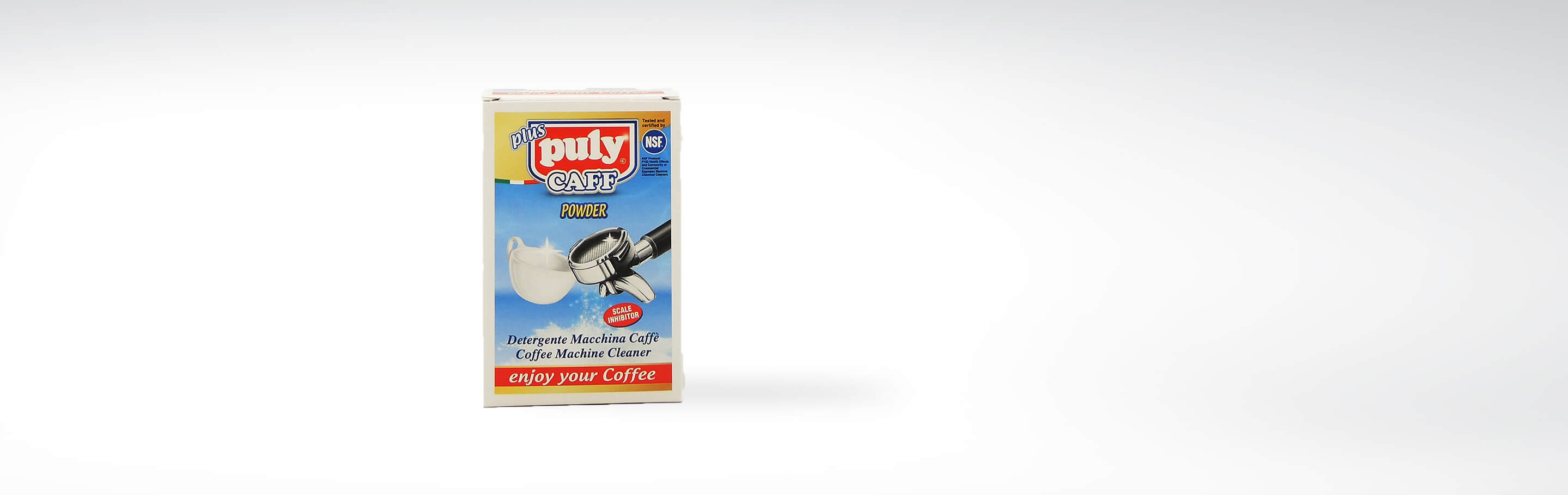 Verpackung des Puly Caff Pulver Kaffeereinigers zur Reinigung von Kaffeemaschinen, mit einer blauen und weißen Gestaltung.