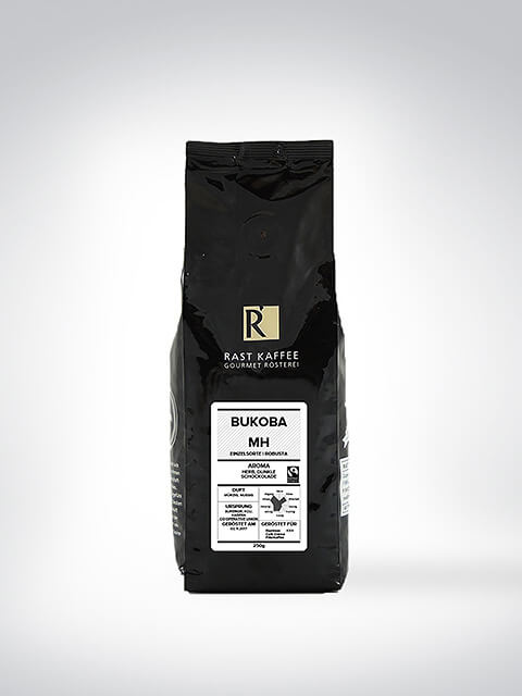 Schwarze Verpackung des Bukoba MH Kaffees der Rast Kaffee Gourmet Rösterei, 250g, mit Kaffeebohneninformationen und Geschmacksprofil auf dem Etikett