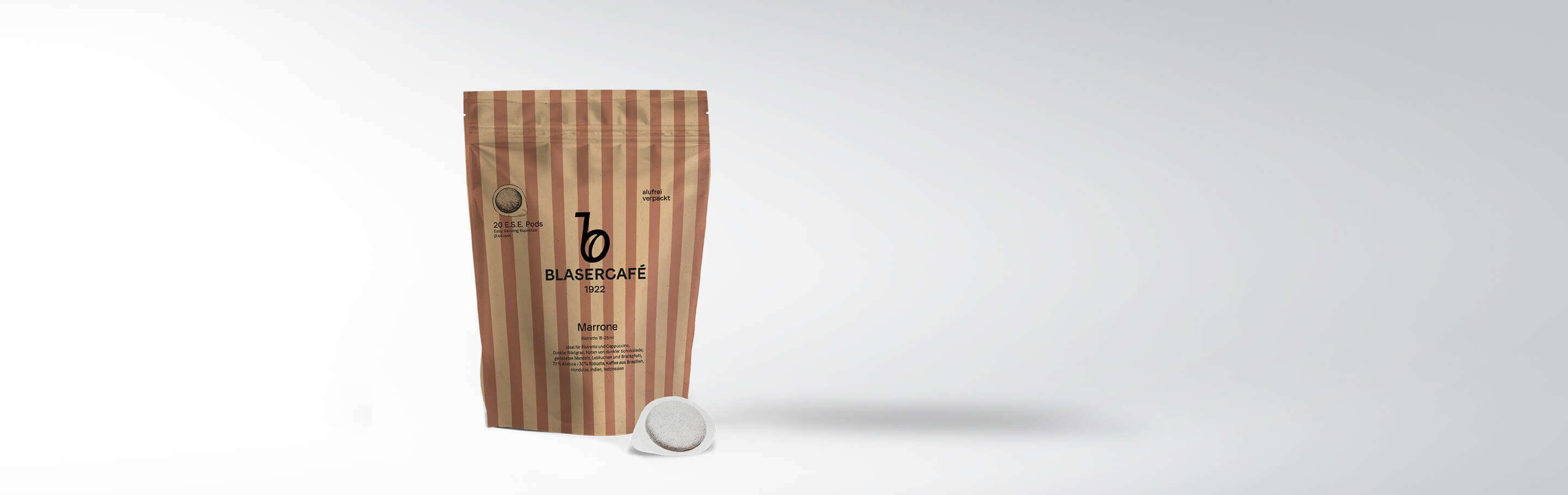 Verpackung von Blasercafé Marrone mit 20 E.S.E.-Kaffeepads vor weißem Hintergrund
