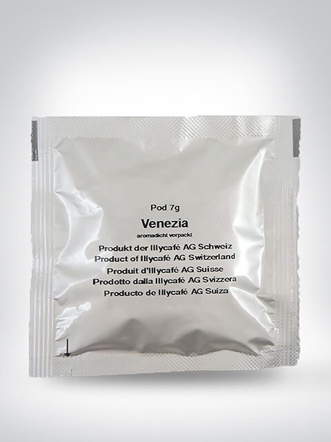 Ein einzelnes, aromaversiegeltes Kaffeepad der Sorte Venezia von Illycafé AG Schweiz, 7g.