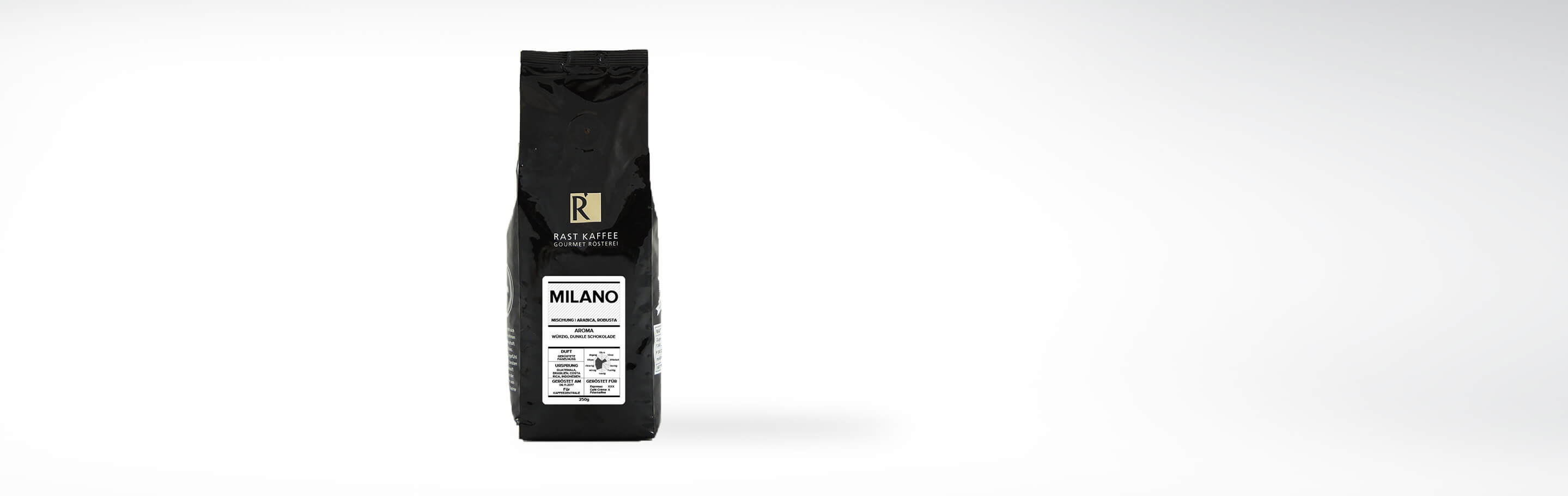 Verpackung von Rast Kaffee Milano, aromatische Mischung aus Arabica und Robusta, 250g