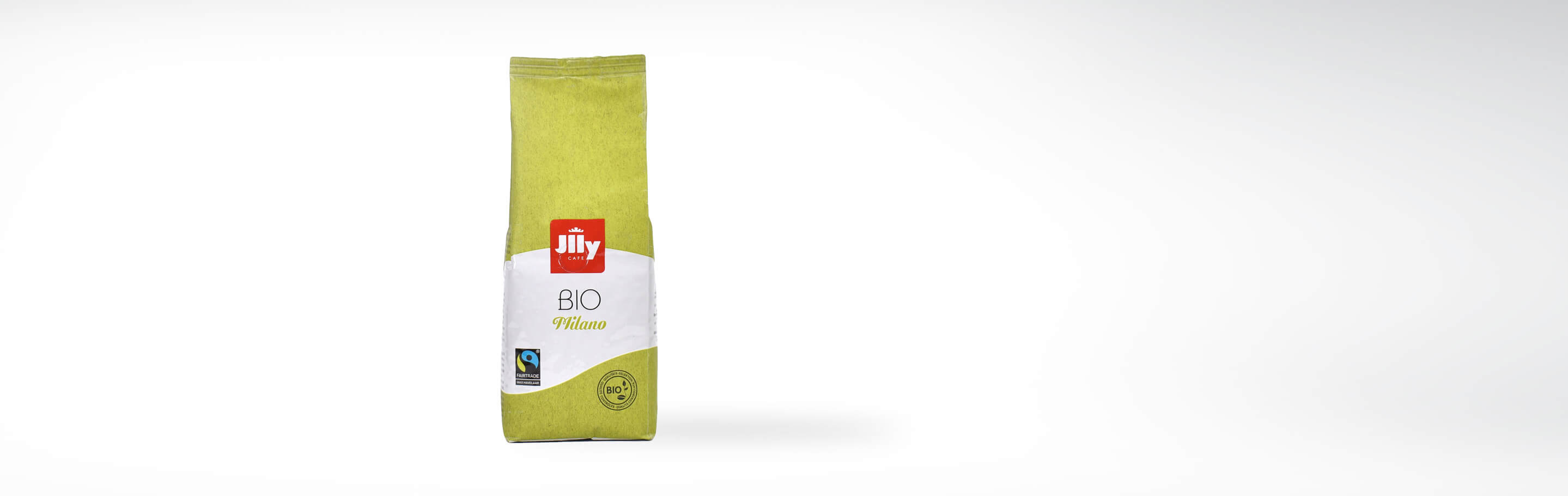 Packung Jilly Bio-Kaffee Milano mit Fairtrade- und Bio-Siegel auf weißem Hintergrund