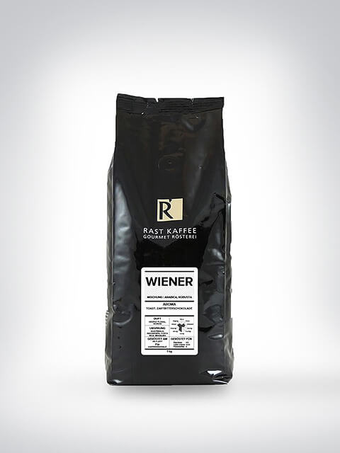 Verpackung von Wiener Röstkaffee der Gourmet Rösterei mit Aromabeschreibung