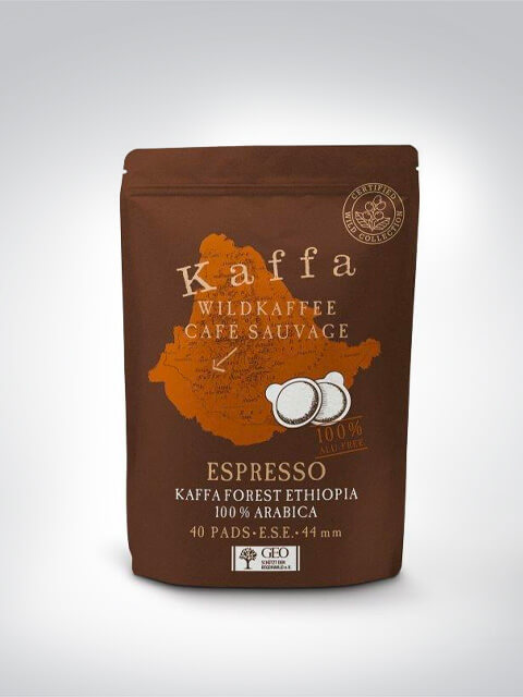 Verpackung von Kaffa Wildkaffee Espresso, 100% Arabica, aus dem äthiopischen Kaffa-Wald, enthält 40 E.S.E.-Pads