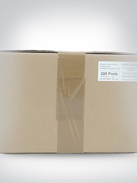 Eine große Packung mit 200 Kaffa-Espresso-Pads von der Original Food GmbH, mit Etikett auf der Vorderseite und Kartonverpackung. Ideal für Espresso-Liebhaber.
