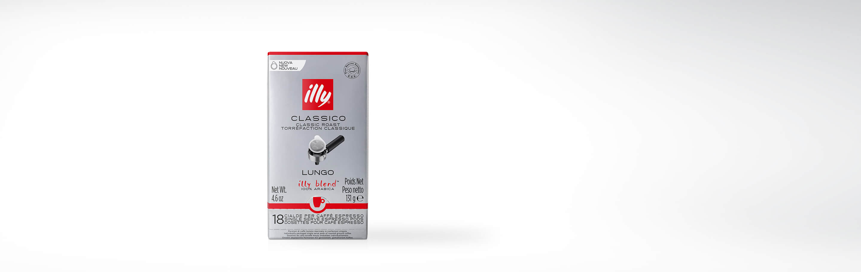 Verpackung der illy Classico Lungo Espresso Pods mit 18 Einzelportionen, 100% Arabica, 131 g