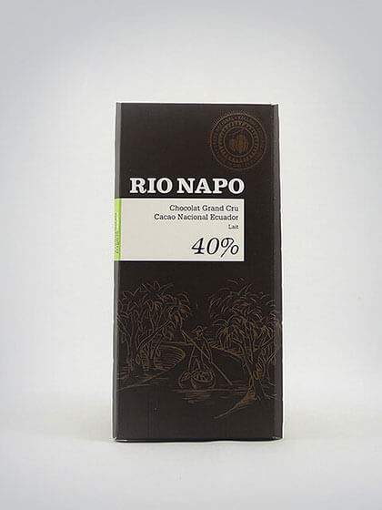 Verpackung der Rio Napo Schokolade mit 40% Kakaoanteil aus Ecuador