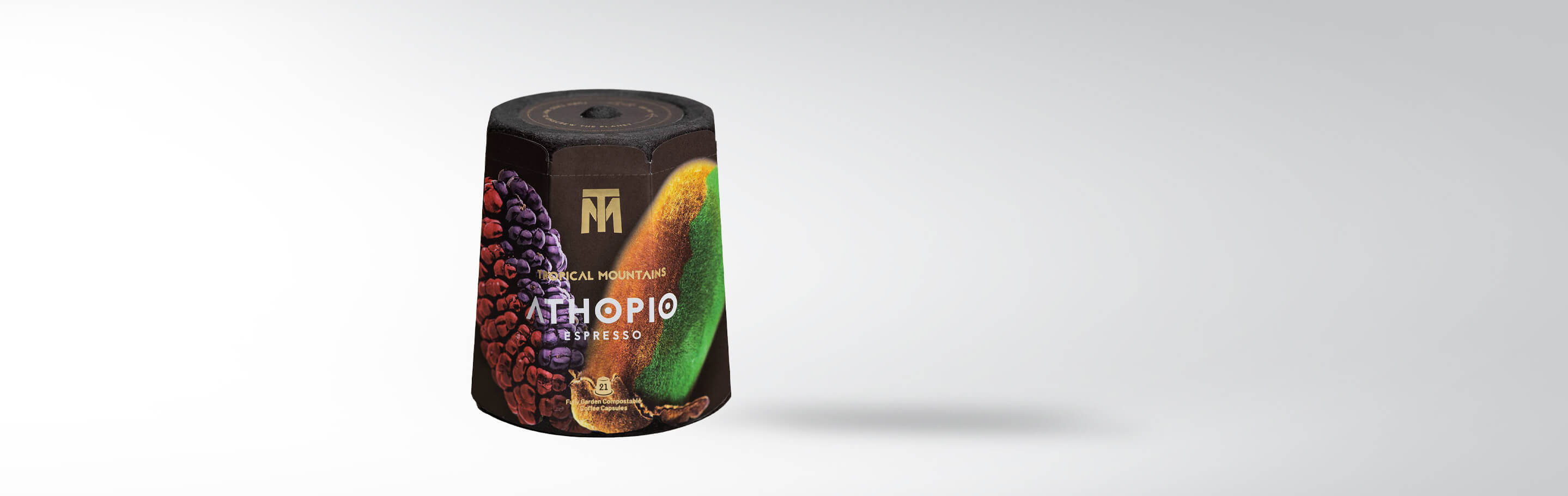 Verpackung der Tropical Mountains Äthiopien Espresso Kapseln vor weißem Hintergrund