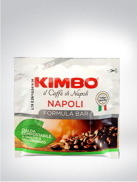 Verpackung von Kimbo Napoli Espresso Pads mit kompostierbaren Kaffeepads und italienischer Qualitätssiegel-Logo
