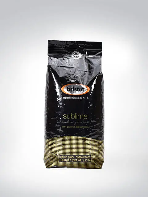 Eine Packung Bristot Sublime Kaffeebohnen mit 1000g Inhalt, ideal für Gourmets und Espresso-Liebhaber.