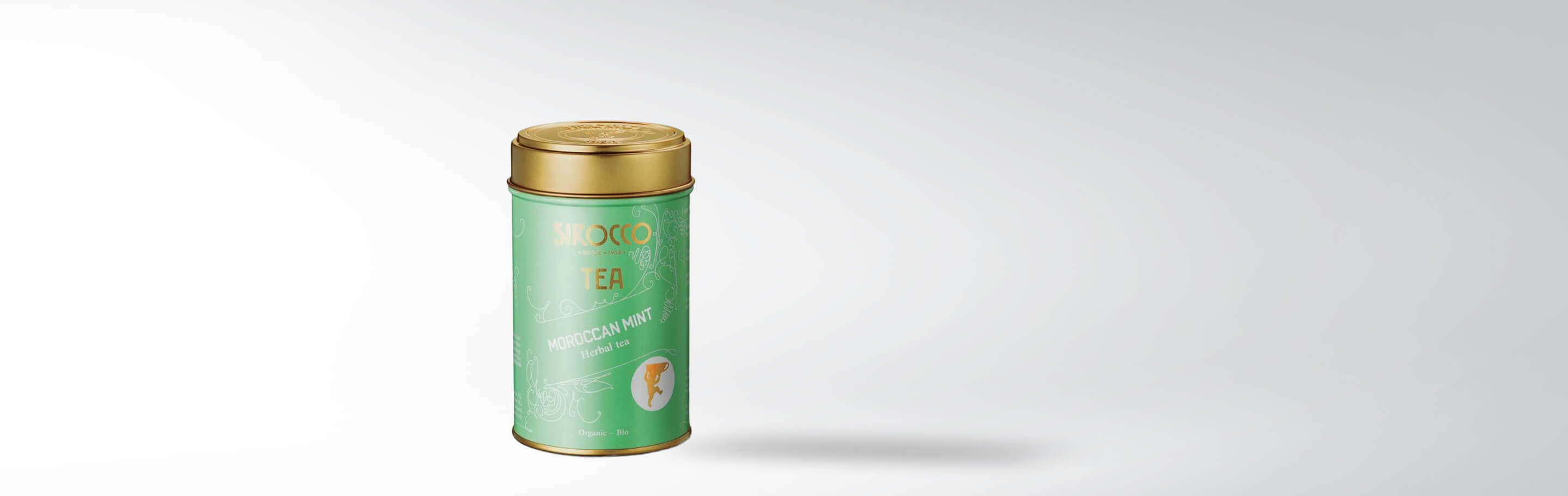 Grüne Teedose von Sirocco mit der Aufschrift 'Moroccan Mint Herbal Tea' und einem goldenen Deckel, Bio-Qualität
