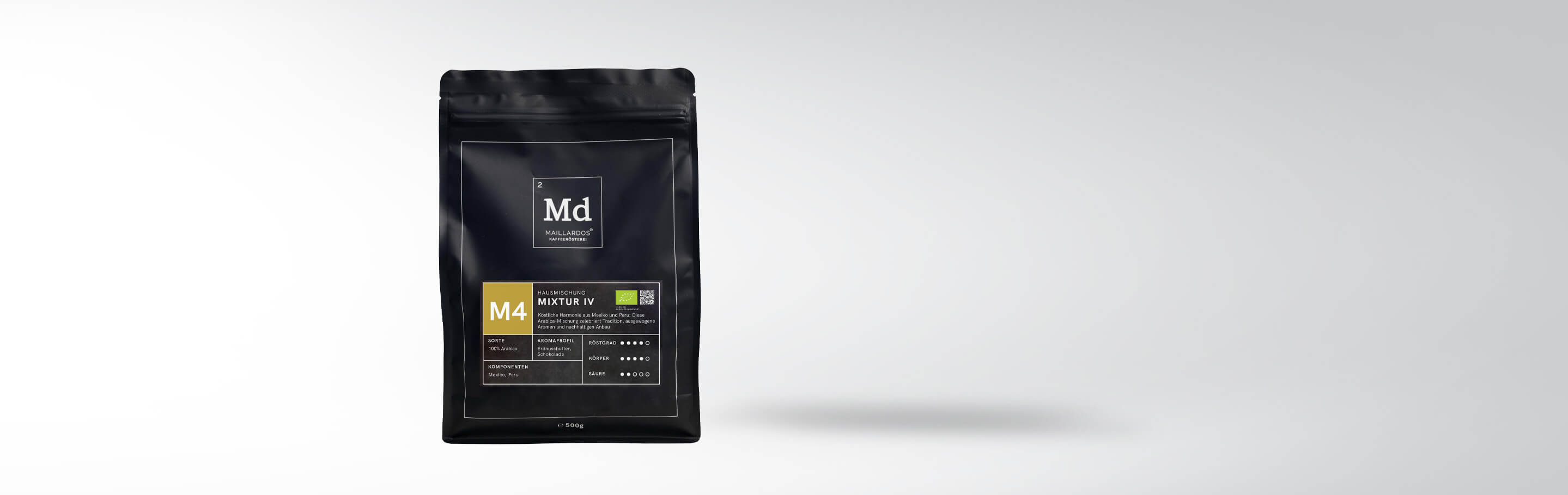 Verpackung der Maillardos Kaffee Rösterei Hausmischung Mixtur IV, 500g, aus 100% Arabica-Bohnen aus Mexiko und Peru.