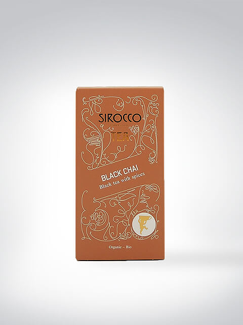 Verpackung von Sirocco Black Chai, ein Bio-Schwarztee mit Gewürzen