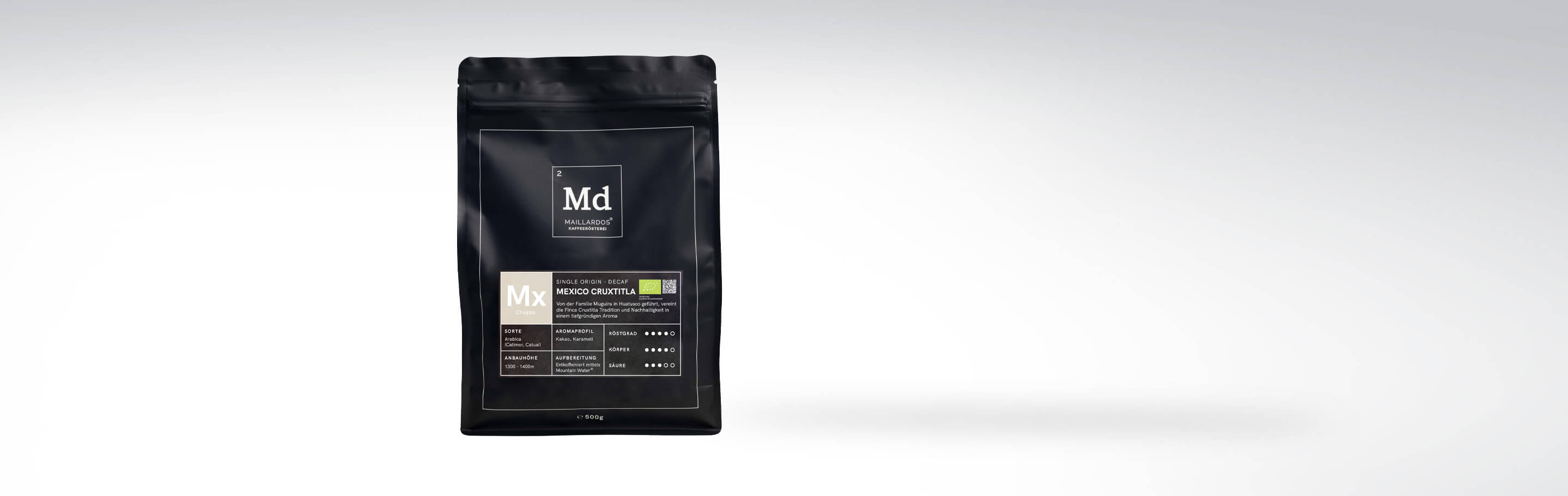 Schwarzer Beutel Maillardos Kaffee Mexico Crux Titila, 500g, entkoffeinierter Single Origin Kaffee aus Chiapas, mit Aromaprofil und Röstgrad-Informationen auf der Verpackung