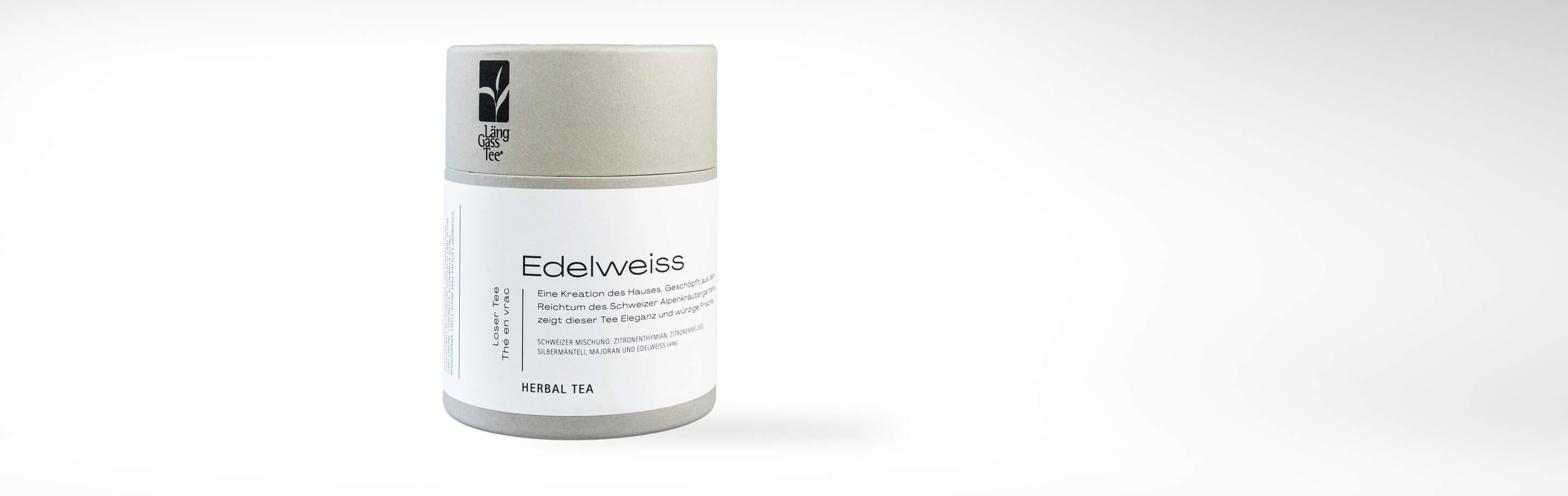 Verpackung des Länggass Tee Edelweiss, ein hochwertiger Kräutertee mit Schweizer Alpenkräutern