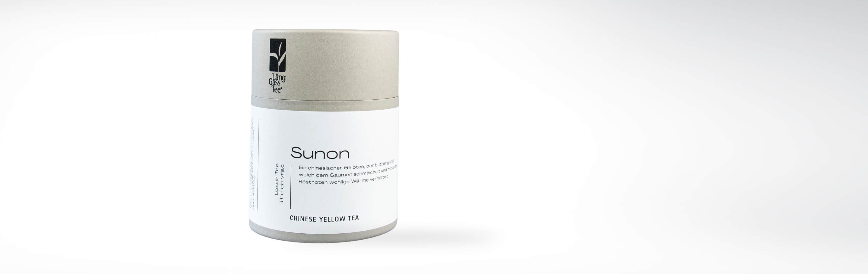 Verpackung des Sunon Chinesischer Gelbtees von Länggass-Tee, ein butterweicher Tee mit Röstaromen.