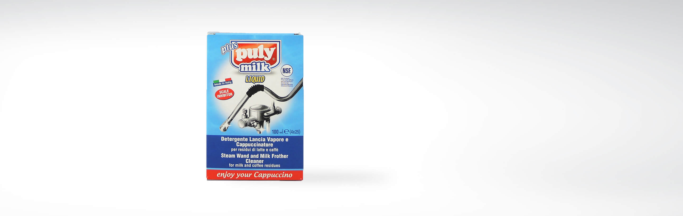 Puly Milk Flüssigreinigerverpackung zur Reinigung von Milch- und Kaffeerückständen in Dampflanzen.