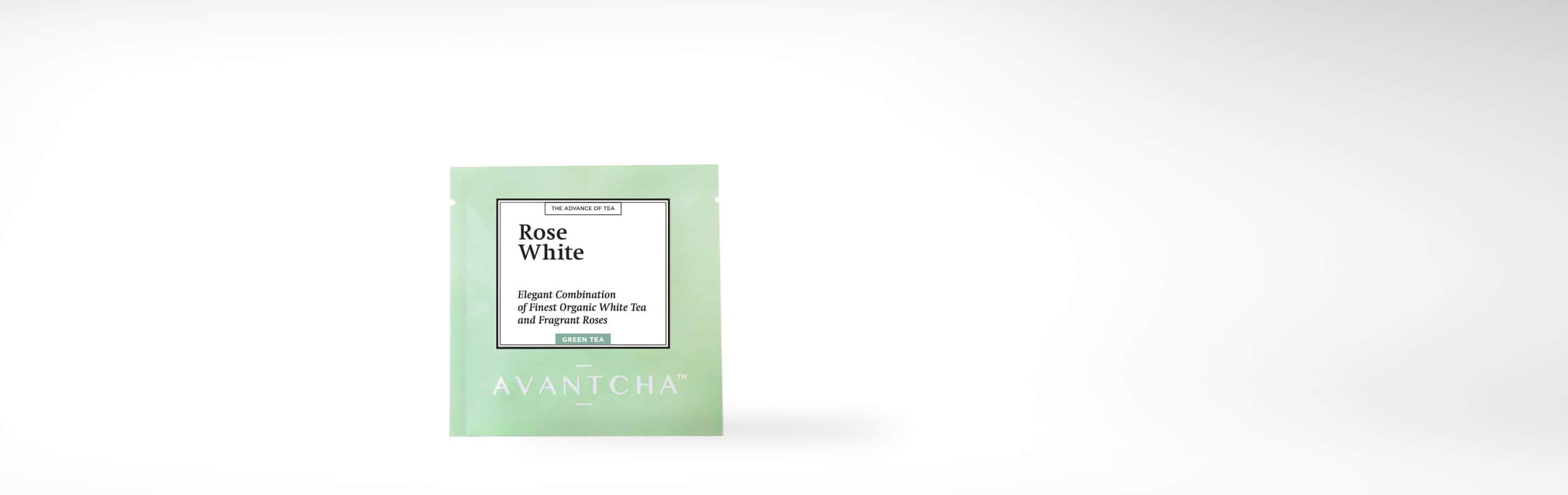 Packung AVANTCHA Rose White Tee, ein eleganter Bio-Weißtee mit duftenden Rosen