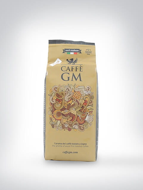 Packung Caffè GM mit kunstvollem Design und dem Hinweis auf italienische Holzröstung