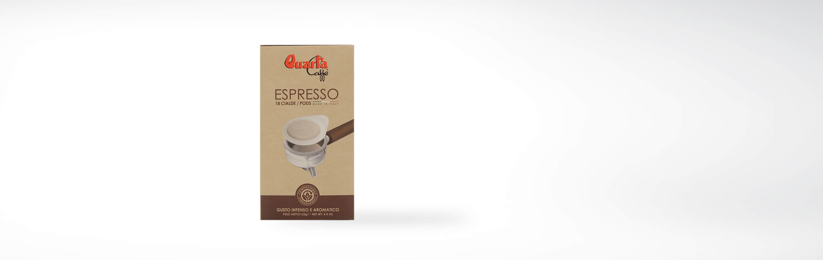 Verpackung von Quarta Caffè Espresso mit 18 Pads, intensiv und aromatisch, hergestellt in Italien