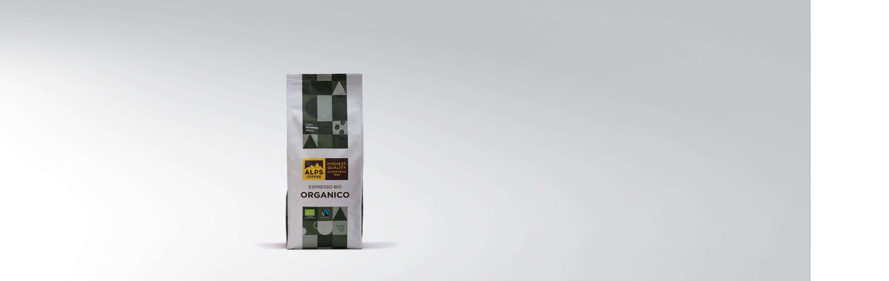 Verpackung von Alps Coffee Espresso Bio Organico mit Fairtrade- und Bio-Siegeln