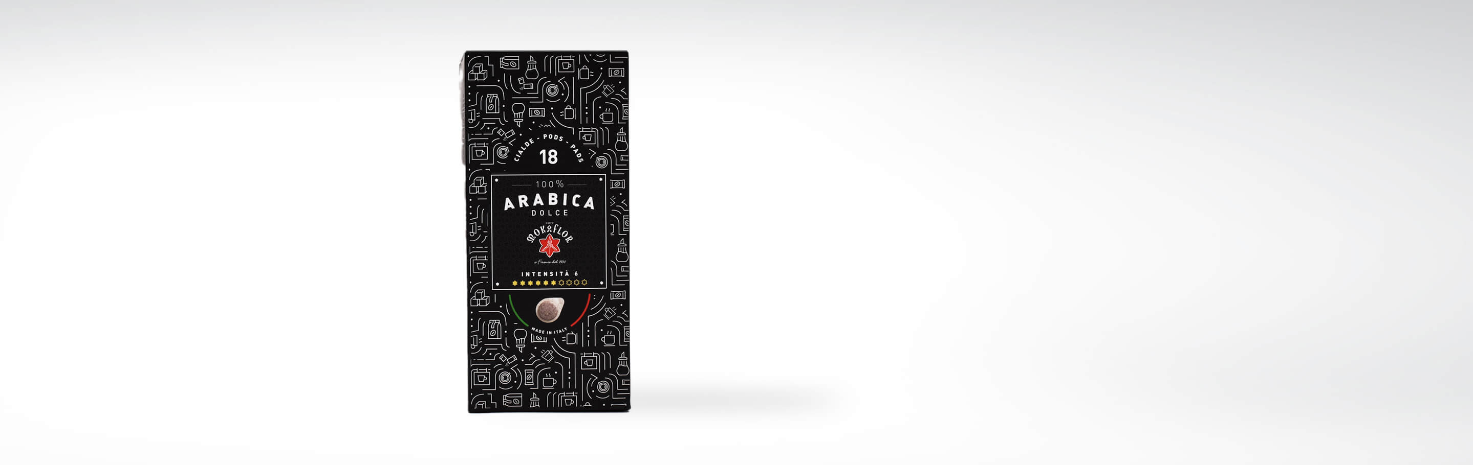 Verpackung von 100% Arabica Dolce Espresso Pads mit 18 Stück, Intensity 6, hergestellt in Italien.