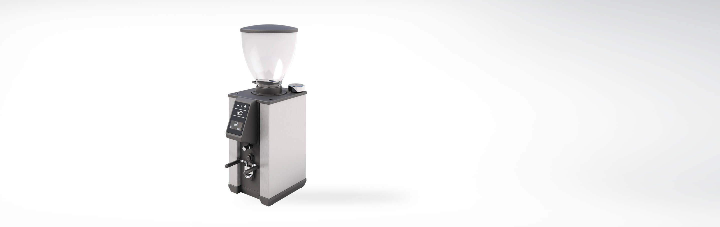 Moderne elektrische Kaffeemühle mit digitalem Bedienfeld und großem transparentem Bohnenbehälter auf weißem Hintergrund