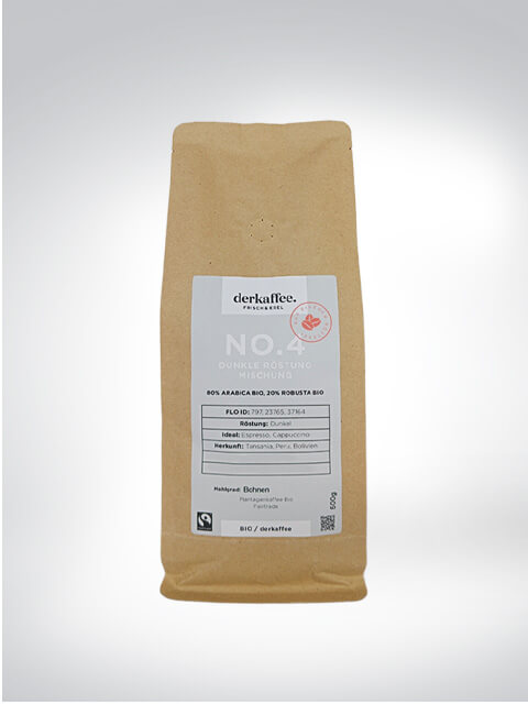 Verpackung der Kaffee No. 4 - Dunkle Röstung Mischung, 60% Arabica, 40% Robusta, 500g Beutel, Bio und Fairtrade zertifiziert