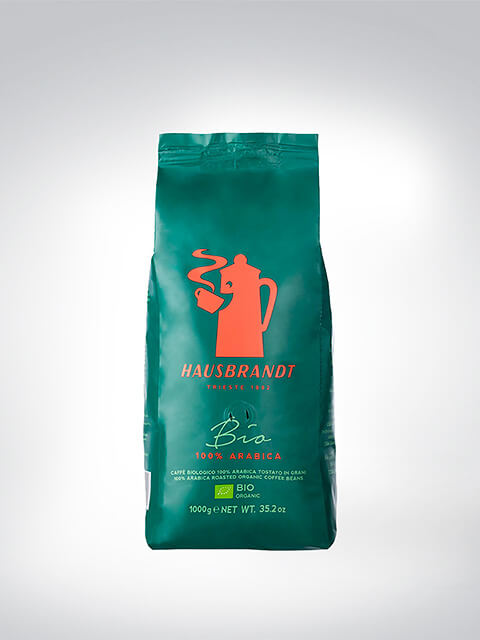 Packung Hausbrandt Bio Kaffee, 100% Arabica, 1000g, grüne Verpackung mit rotem Logo.