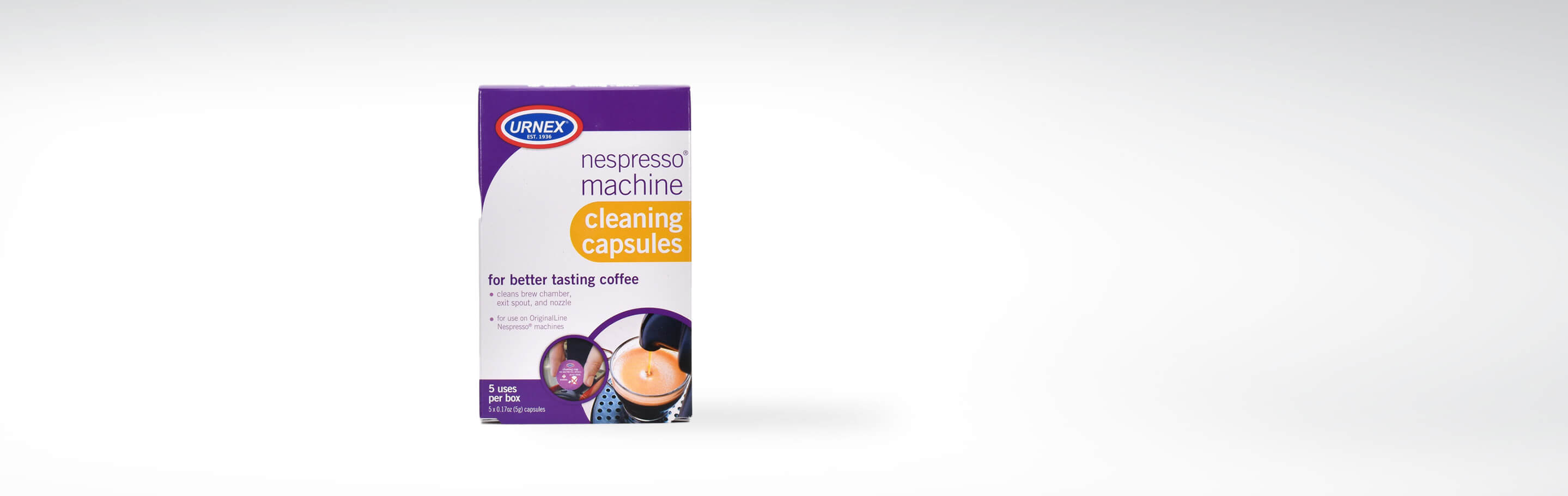 Packung mit Urnex Reinigungskapseln für Nespresso-Maschinen, 5 Anwendungen