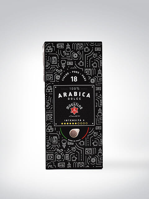 Schwarze Kaffeekapselpackung mit dekorativem Muster, 100% Arabica Dolce, 18 Kapseln, Intensität 6 von 8