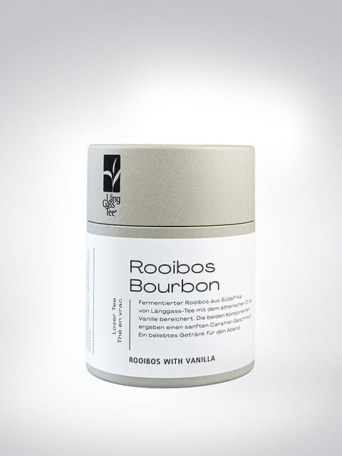 Verpackung des Rooibos Bourbon Tees mit Vanille-Geschmack von "Länggass-Tee"
