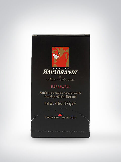 Schwarze Verpackung von Hausbrandt Espresso Kaffeepads, 125g